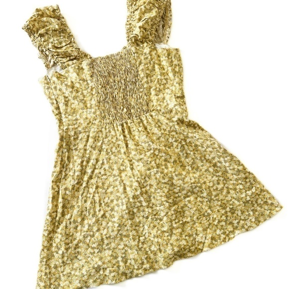 Zara Women’s Large Yellow Green Smocked Puff Sleeve Mini Dress - Picture 4 of 8